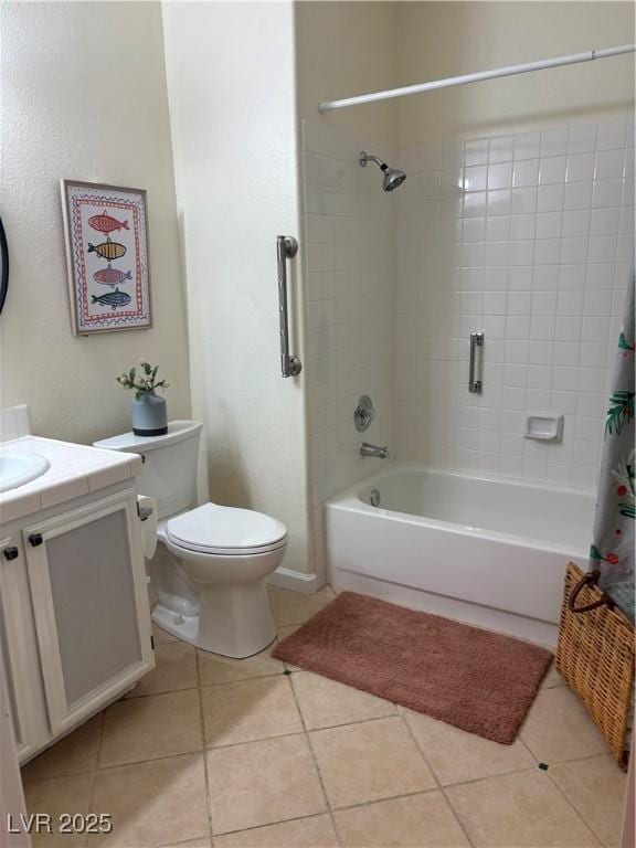full bath with toilet, tile patterned flooring, shower / bathtub combination with curtain, and vanity