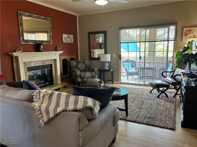 1851 Hillpointe Rd Unit 2621, Henderson, NV 89074 - living room with ornamental molding, wood finished floors, and a fireplace