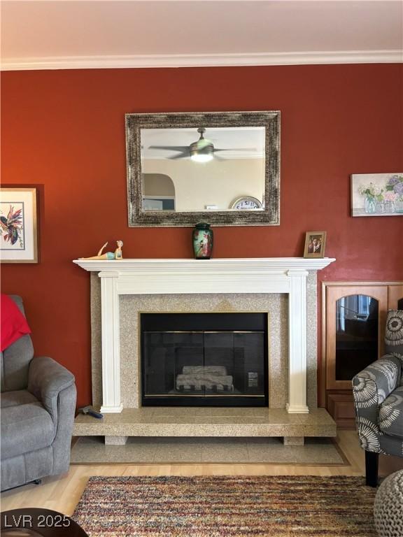 room details featuring wood finished floors, a ceiling fan, ornamental molding, and a high end fireplace