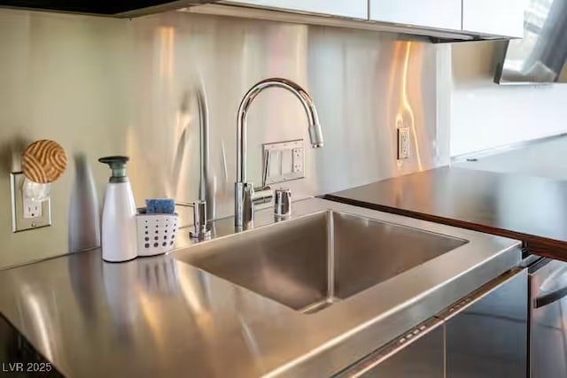 room details featuring stainless steel counters, a sink, and white cabinets