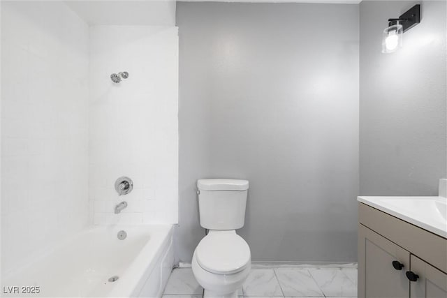 full bathroom featuring baseboards, toilet, vanity,  shower combination, and marble finish floor