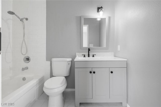 full bath featuring shower / washtub combination, vanity, toilet, and baseboards