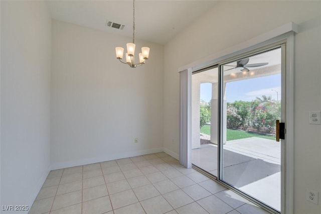 interior space with a chandelier, visible vents, light tile patterned floors, and baseboards