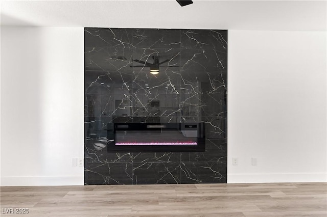 interior details with baseboards, wood finished floors, and a high end fireplace
