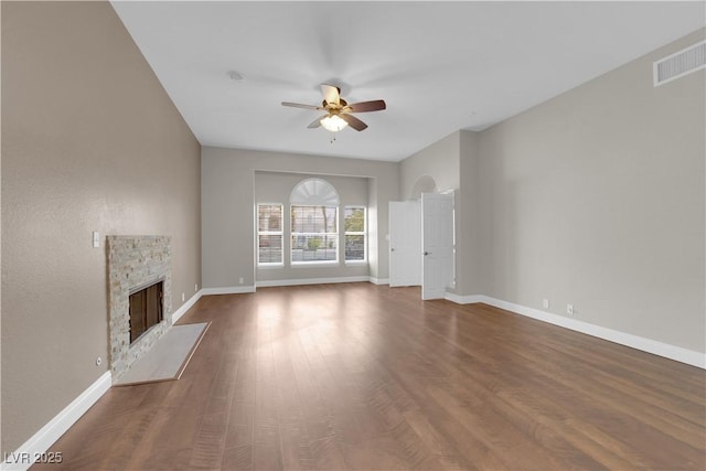 2595 Aviv Ct, Las Vegas, NV 89121 - unfurnished living room featuring a ceiling fan, visible vents, wood finished floors, and baseboards