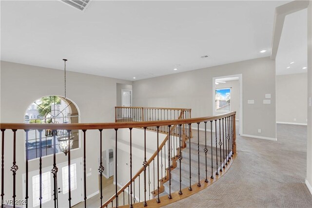 2595 Aviv Ct, Las Vegas, NV 89121 - hall with recessed lighting, carpet, an upstairs landing, baseboards, and visible vents