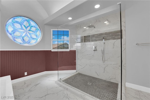 2595 Aviv Ct, Las Vegas, NV 89121 - bathroom with recessed lighting, wainscoting, marble finish floor, baseboards, and a marble finish shower