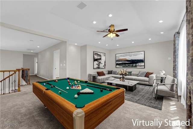 2595 Aviv Ct, Las Vegas, NV 89121 - rec room with carpet, recessed lighting, ceiling fan, and pool table