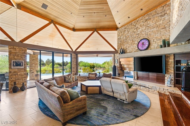 tiled living area featuring high vaulted ceiling and wood ceiling