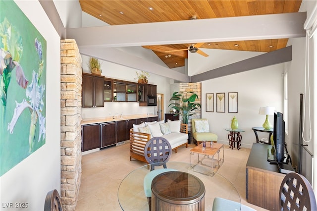 living area featuring wood ceiling, ceiling fan, lofted ceiling with beams, light tile patterned flooring, and recessed lighting