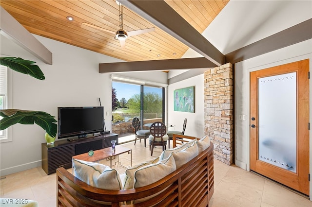 living area featuring light tile patterned floors, wooden ceiling, vaulted ceiling, and baseboards