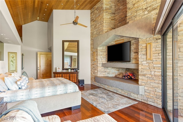bedroom featuring visible vents, high vaulted ceiling, wood finished floors, and wood ceiling