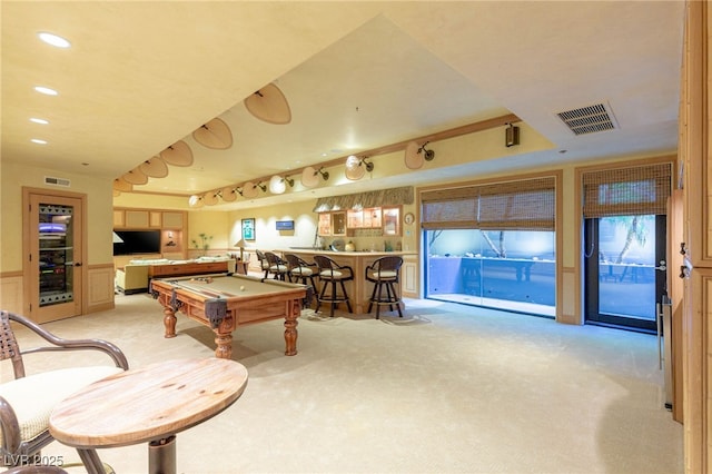 rec room featuring recessed lighting, light colored carpet, billiards, wet bar, and visible vents