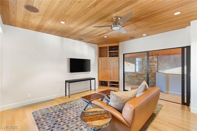 living room featuring recessed lighting, a ceiling fan, baseboards, and wood ceiling