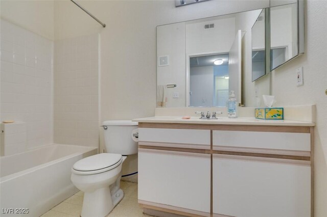 bathroom with visible vents, tile patterned flooring, vanity, toilet, and  shower combination