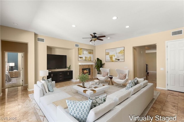 17 Morninglow Pass, Henderson, NV 89052 - living room with visible vents, a ceiling fan, recessed lighting, and baseboards