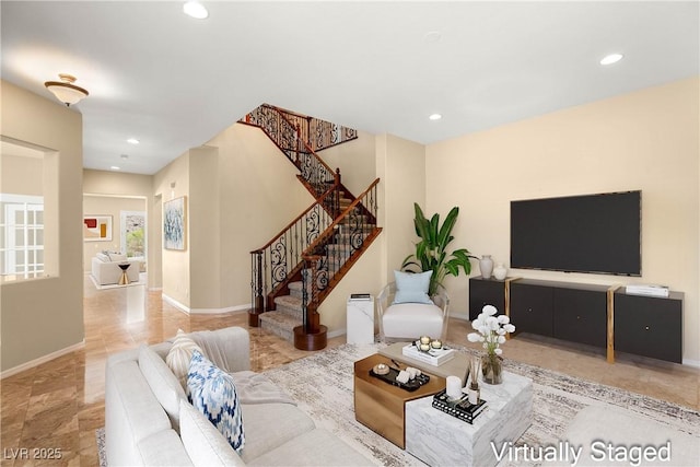 17 Morninglow Pass, Henderson, NV 89052 - living room with stairway, recessed lighting, and baseboards