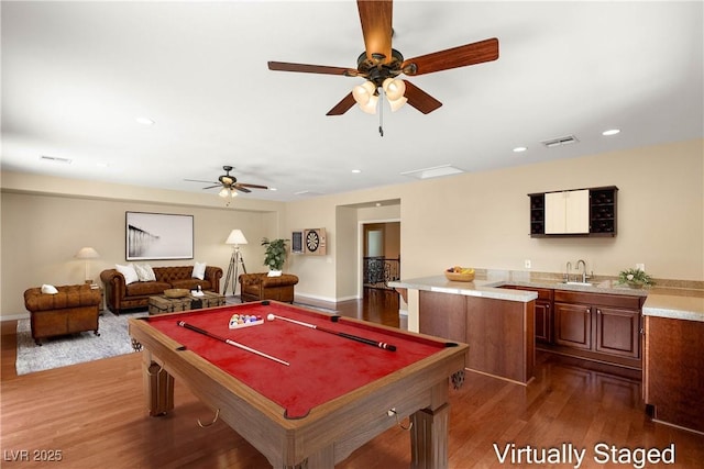 17 Morninglow Pass, Henderson, NV 89052 - rec room with a sink, visible vents, ceiling fan, pool table, and wood finished floors