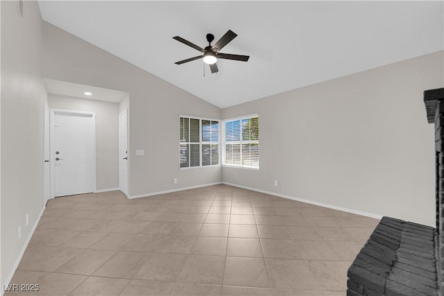 unfurnished living room featuring light tile patterned floors, a ceiling fan, recessed lighting, and baseboards