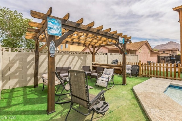 view of yard featuring a pergola and a fenced backyard