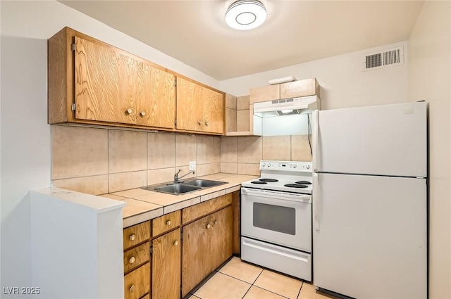 kitchen with a sink, under cabinet range hood, visible vents, backsplash, and white appliances