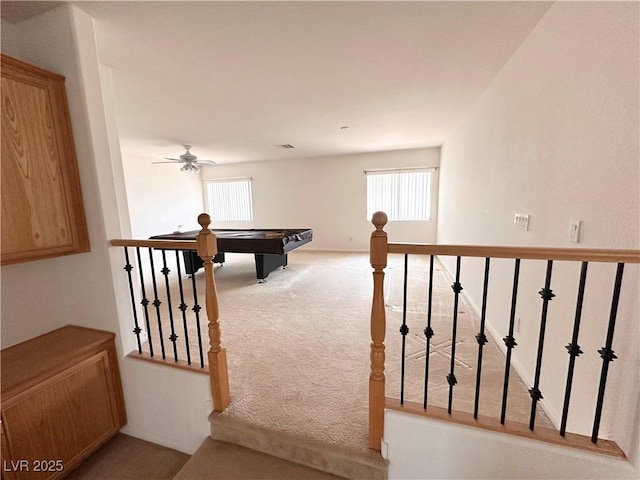 playroom featuring carpet, pool table, and a ceiling fan