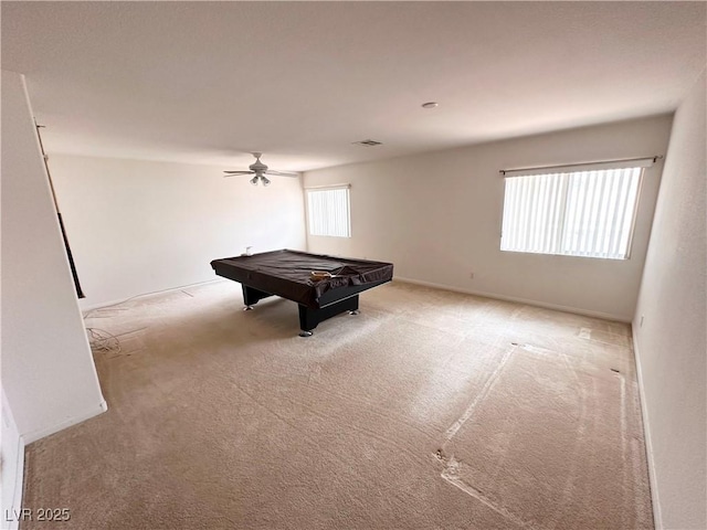 game room featuring carpet flooring, billiards, a ceiling fan, and baseboards