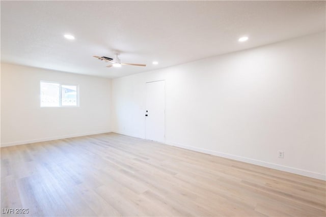spare room featuring recessed lighting, light wood finished floors, and ceiling fan
