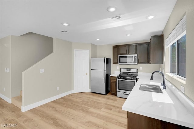 kitchen featuring appliances with stainless steel finishes, visible vents, light wood finished floors, and a sink