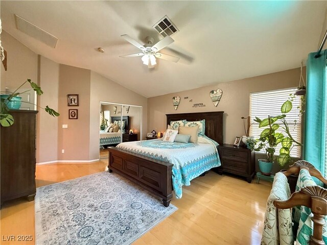 2986 Matese Dr, Henderson, NV 89052 - bedroom featuring ceiling fan, baseboards, lofted ceiling, light wood-type flooring, and visible vents