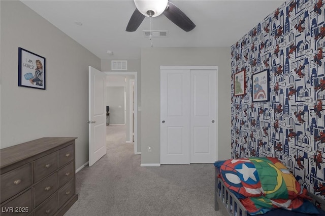 game room featuring carpet, visible vents, ceiling fan, and baseboards