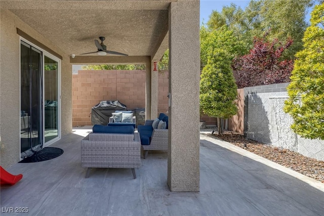 view of patio / terrace with ceiling fan, outdoor lounge area, and a fenced backyard