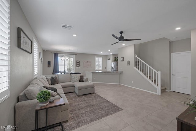 living room featuring stairway, recessed lighting, a ceiling fan, and light tile patterned floors