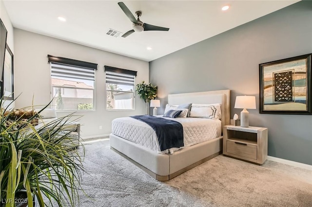 bedroom with ceiling fan, carpet, recessed lighting, baseboards, and visible vents