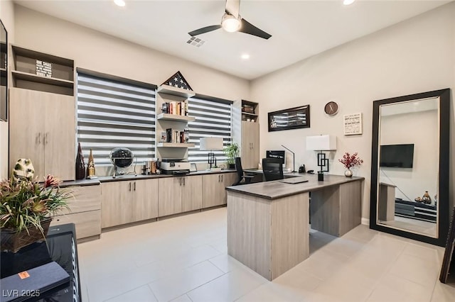 office featuring visible vents, a ceiling fan, light tile patterned floors, and recessed lighting
