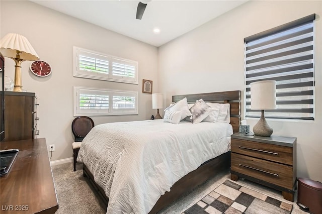 bedroom featuring baseboards, carpet flooring, a ceiling fan, and recessed lighting