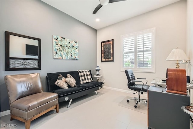 home office featuring baseboards, a ceiling fan, and recessed lighting