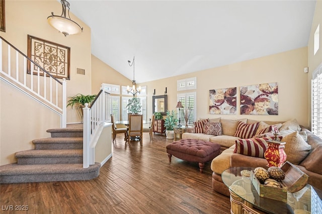 3295 Cooper Creek Dr, Henderson, NV 89074 - living area with hardwood / wood-style floors, visible vents, stairway, and high vaulted ceiling