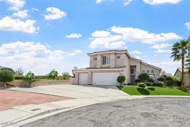 3295 Cooper Creek Dr, Henderson, NV 89074 - mediterranean / spanish-style house with driveway, a tile roof, a front yard, an attached garage, and stucco siding