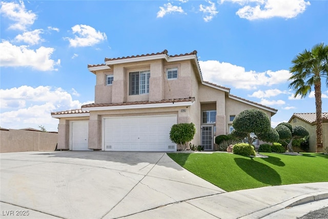 3295 Cooper Creek Dr, Henderson, NV 89074 - mediterranean / spanish house with a front lawn, stucco siding, a tile roof, and concrete driveway
