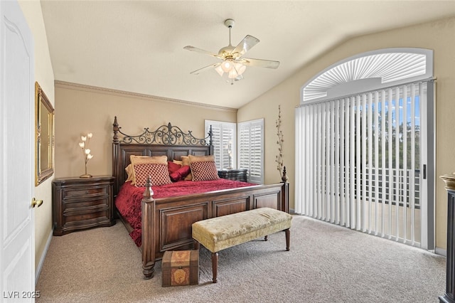 3295 Cooper Creek Dr, Henderson, NV 89074 - carpeted bedroom featuring ceiling fan, lofted ceiling, and baseboards