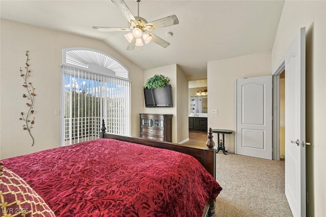 3295 Cooper Creek Dr, Henderson, NV 89074 - bedroom with ceiling fan, access to outside, ensuite bath, vaulted ceiling, and carpet floors