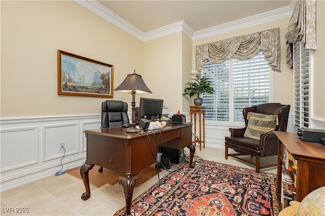 office with light tile patterned floors, a decorative wall, ornamental molding, and wainscoting