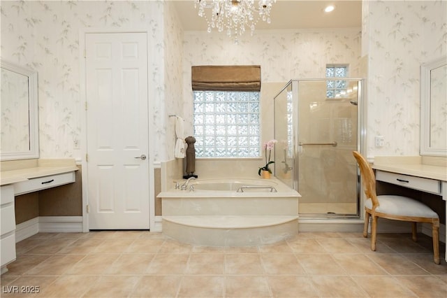 full bathroom with a shower stall, a bath, wallpapered walls, and tile patterned floors