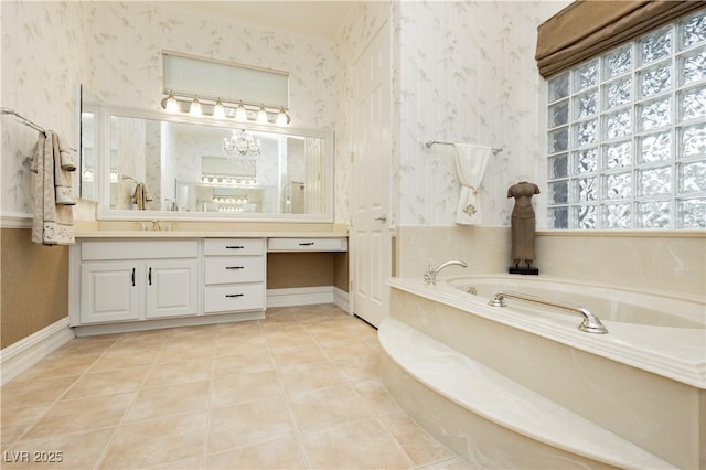 full bath featuring wallpapered walls, baseboards, a bath, tile patterned floors, and vanity