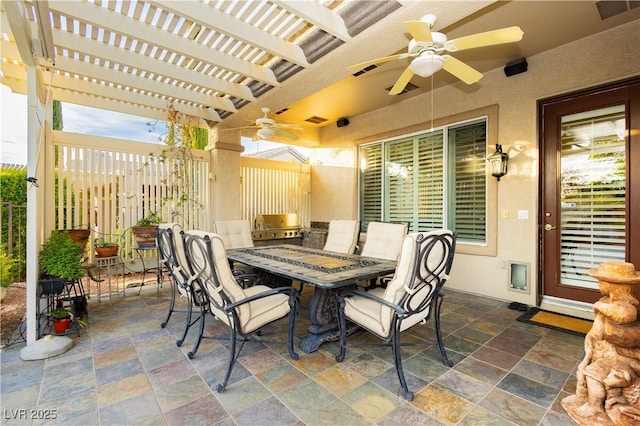 view of patio with outdoor dining space, a pergola, an outdoor kitchen, fence, and a ceiling fan