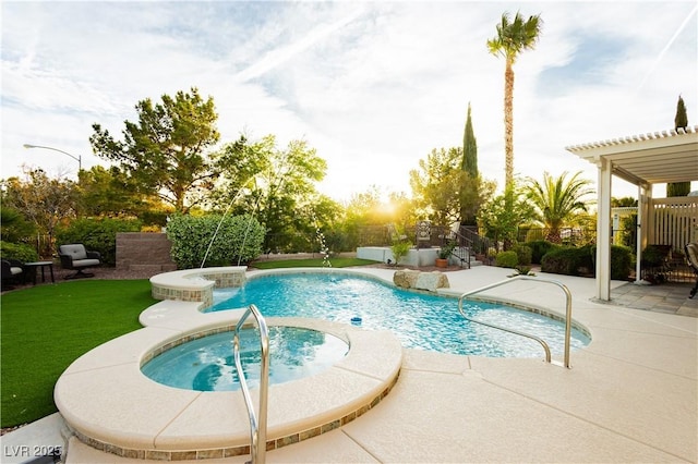 view of pool featuring a fenced in pool, a patio, an in ground hot tub, and a fenced backyard