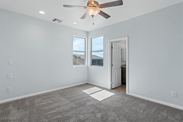 unfurnished bedroom featuring carpet, baseboards, recessed lighting, and ceiling fan