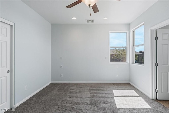 unfurnished bedroom with carpet flooring, baseboards, recessed lighting, and a ceiling fan