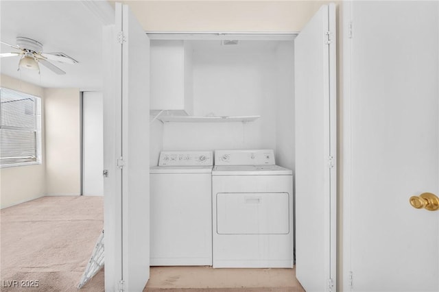 719 Roberta Alecia Ave, North Las Vegas, NV 89031 - laundry room with washing machine and clothes dryer, ceiling fan, and light colored carpet